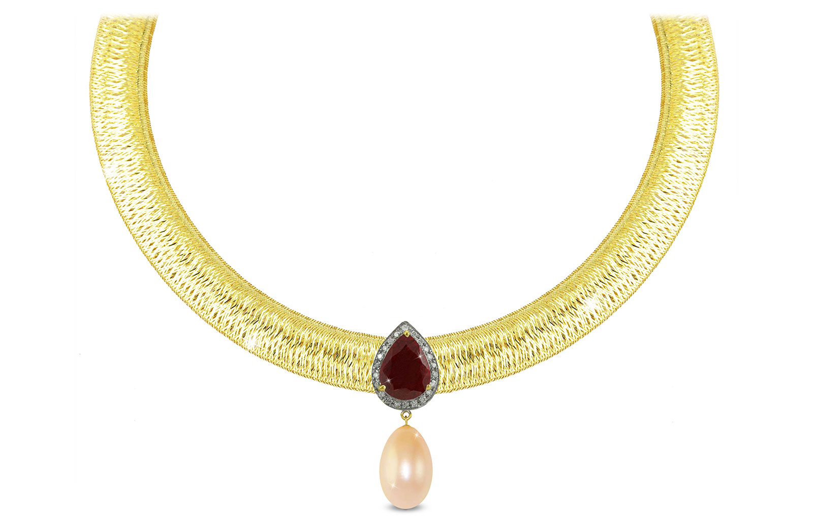 Vera Perla 18K Gold 0.12ct Diamonds, Ruby and 13mm Pink Pearl Necklace